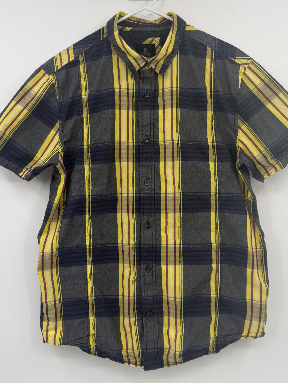 Prana Shirt Men Large Yellow Gray Plaid Button Up Short Sleeve Organic Cotton